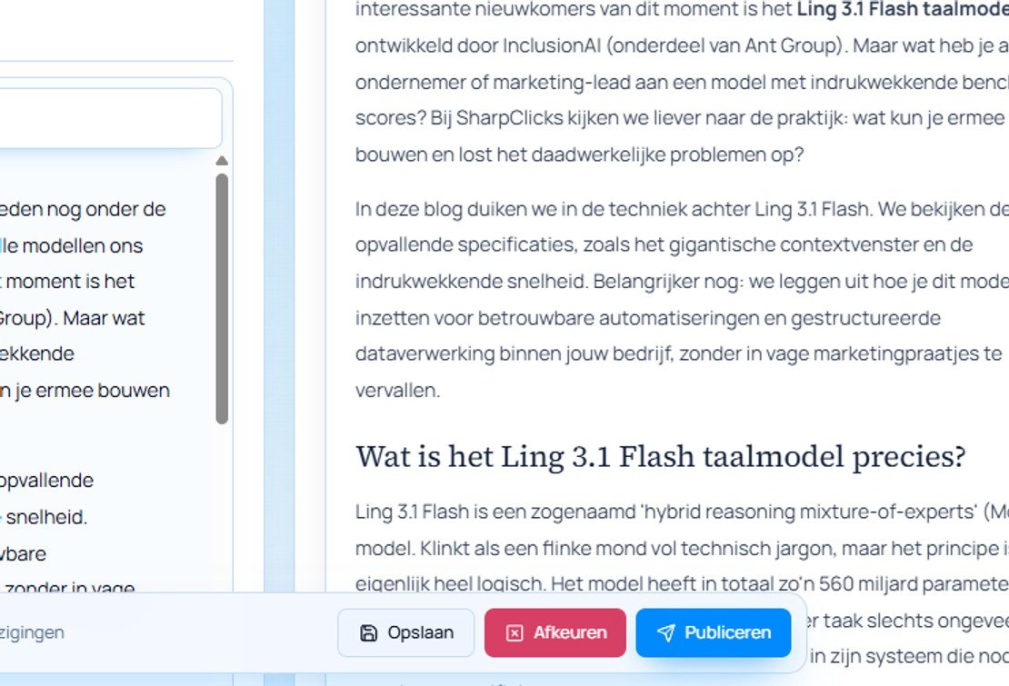 Het portaal: het artikel zoals het eruit komt te zien, met onderaan de knoppen Opslaan, Afkeuren en Publiceren