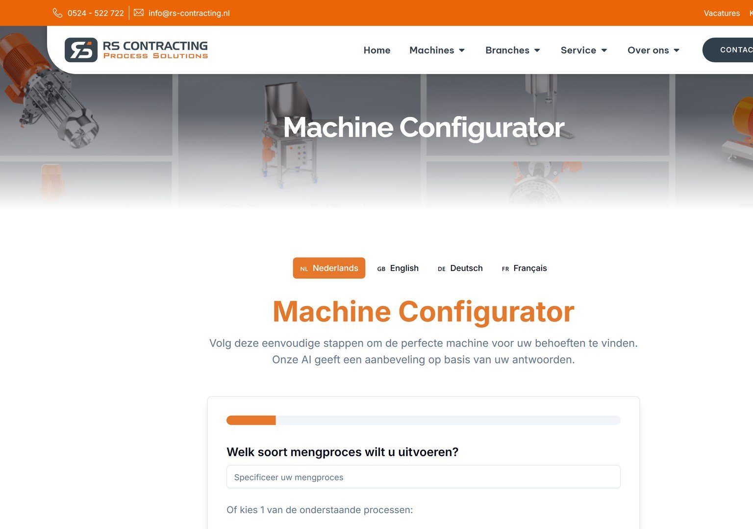 De Machine Configurator op de site van RS Contracting