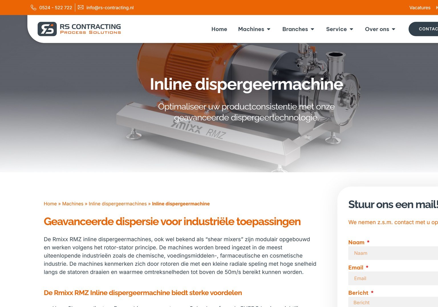 Een machinepagina op de site van RS Contracting