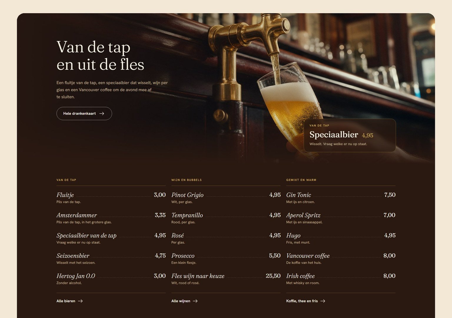 Het blok met de drankenkaart in het ontwerp