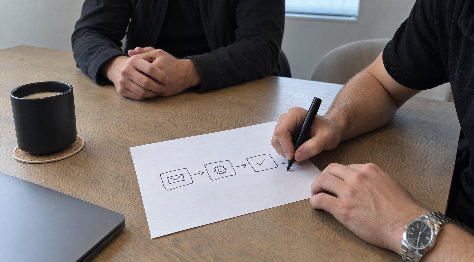 Iemand tekent op papier de stappen van een automatisering