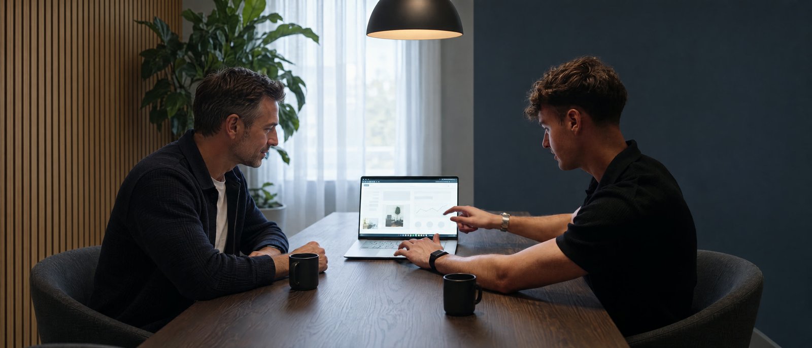 Jesse aan tafel met een klant achter een laptop