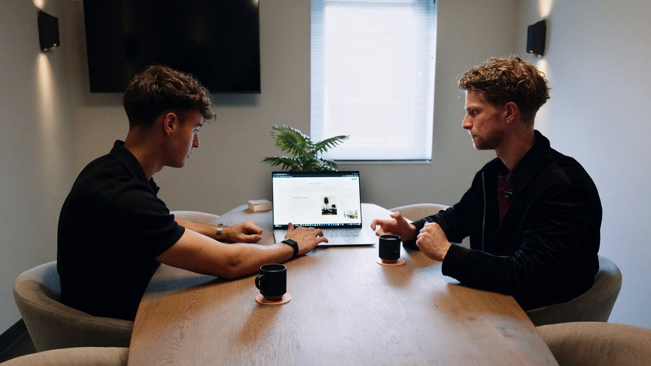 Twee mensen aan tafel achter een laptop, uit de bedrijfsvideo van Websaites