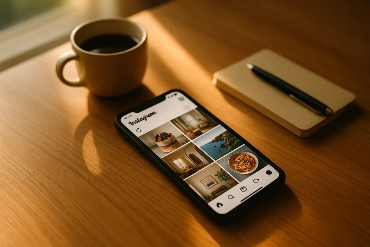 A phone with an Instagram feed of food and interior photos on a wooden desk, next to a cup of coffee and a notebook with a pen.