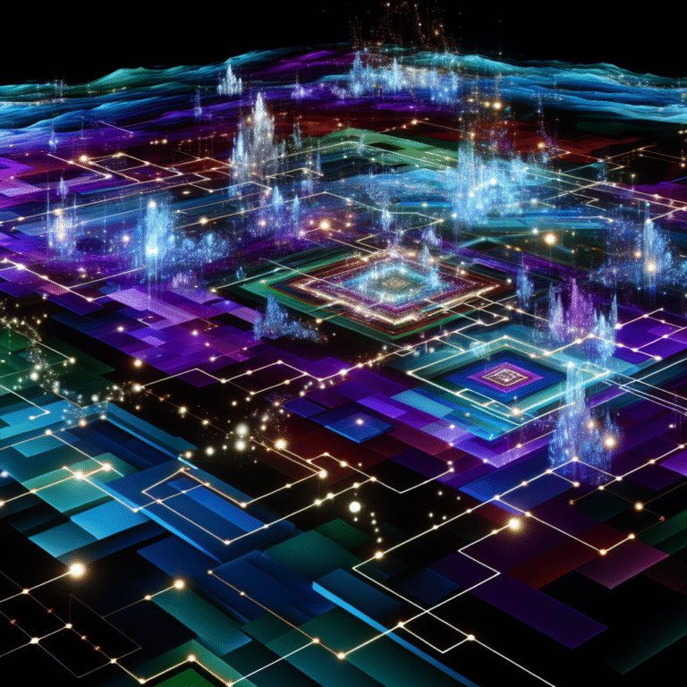 A futuristic digital landscape split into five glowing zones symbolizes key SEO-strategie lessons from a GEO-experiment for 2024.