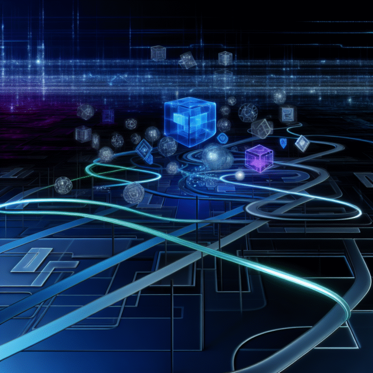 A futuristic digital maze with glowing turquoise paths and floating geometric shapes symbolizes experimenting for growth and success.