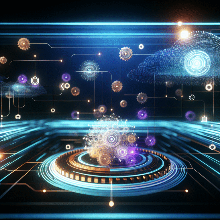 A futuristic workspace with glowing gears, network nodes, and AI icons symbolizes the strategic process of becoming a prompt engineer for entrepreneurs.