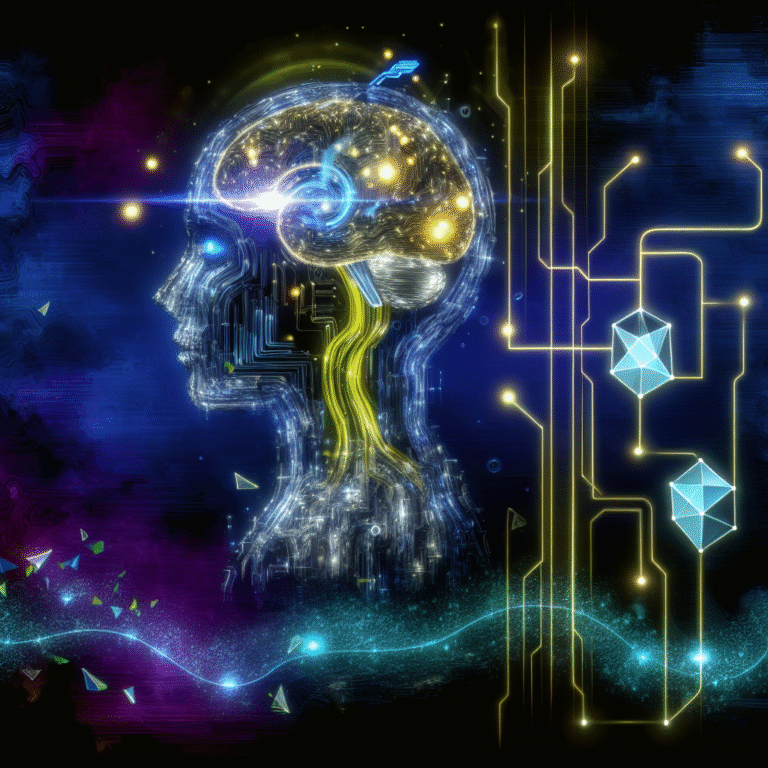 A luminous crystalline brain with glowing circuit lines and data waves symbolizes AI and ChatGPT for smart content creation and entrepreneurship.