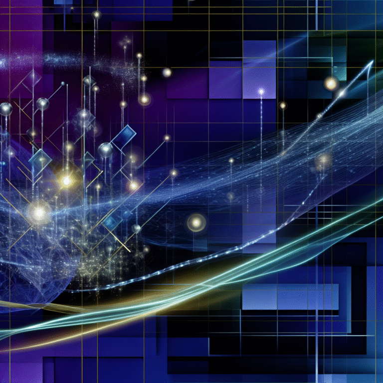A detailed digital illustration shows glowing silver and gold network lines, dynamic orbs, and geometric motifs representing online trends in June 2025 like vibe coding, AI overviews, and accessibility against a blue and purple futuristic backdrop.