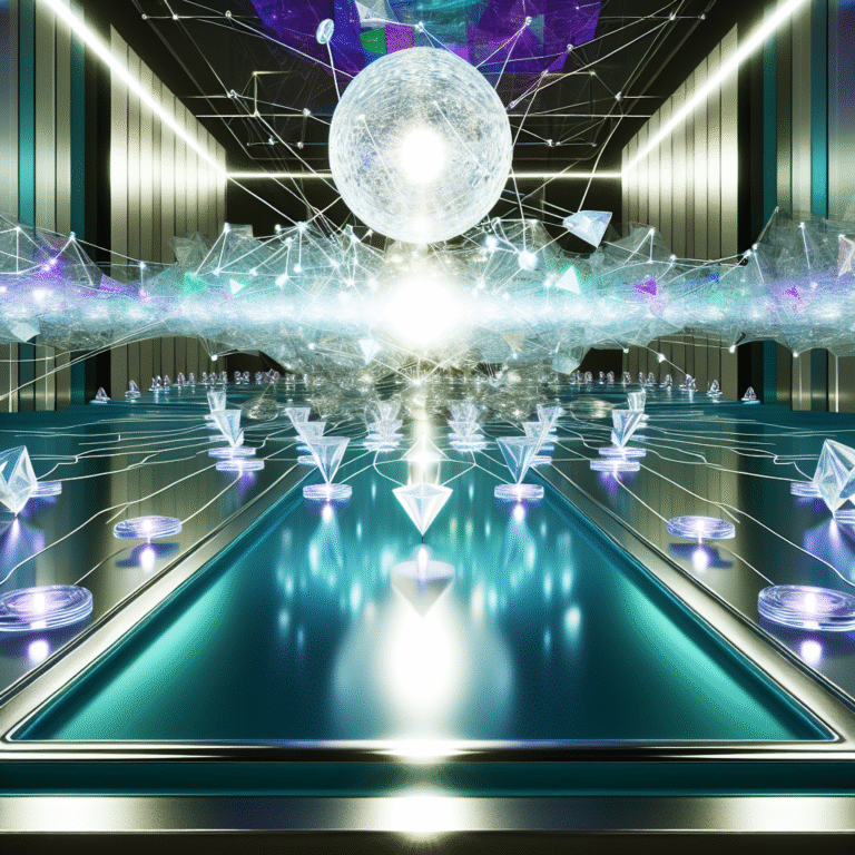 A glowing orb at a sleek conference table sends network lines connecting symbols of ideas, visualizing productive meetings with a facilitator.