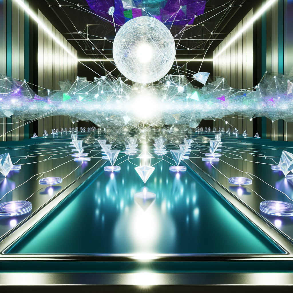 A glowing orb at a sleek conference table sends network lines connecting symbols of ideas, visualizing productive meetings with a facilitator.