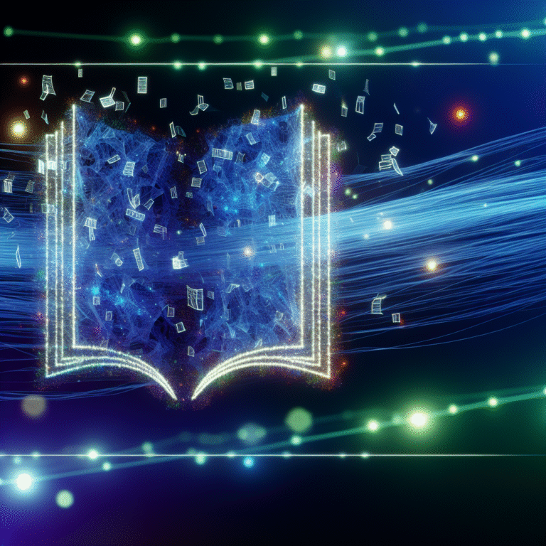 A glowing digital illustration shows intertwining narrative threads forming an open book with handwritten notes and shimmering story elements, symbolizing real stories in content for more impact and authenticity against a deep blue, futuristic background.