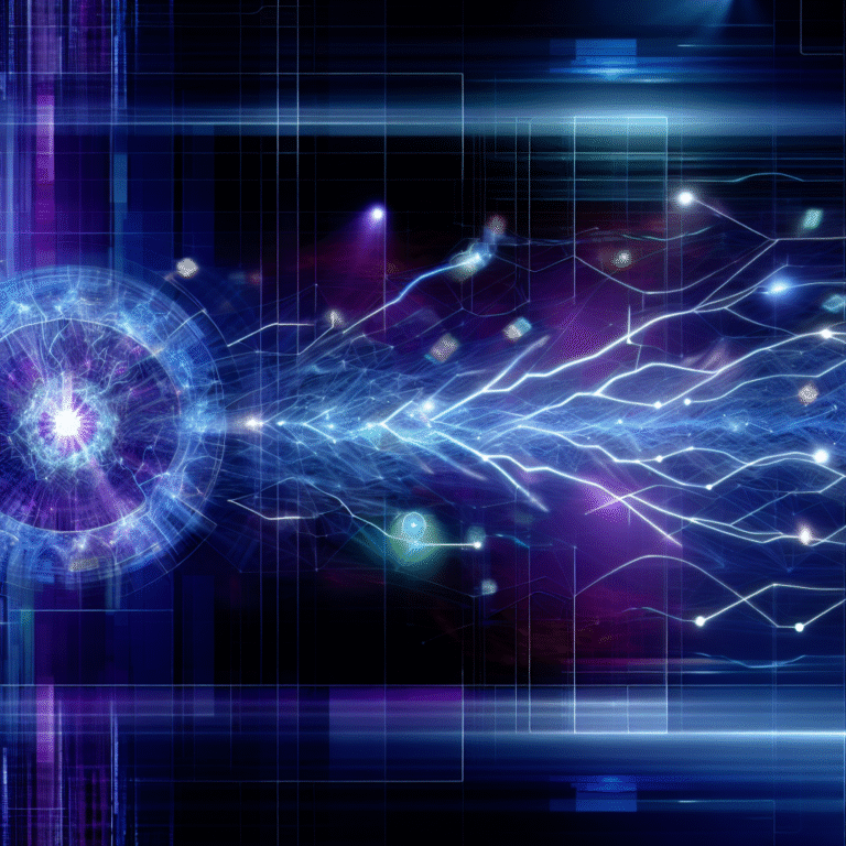 A glowing AI core radiates vibrant network lines amid geometric shapes and data patterns, symbolizing marketing in 2025 with advanced intelligence.