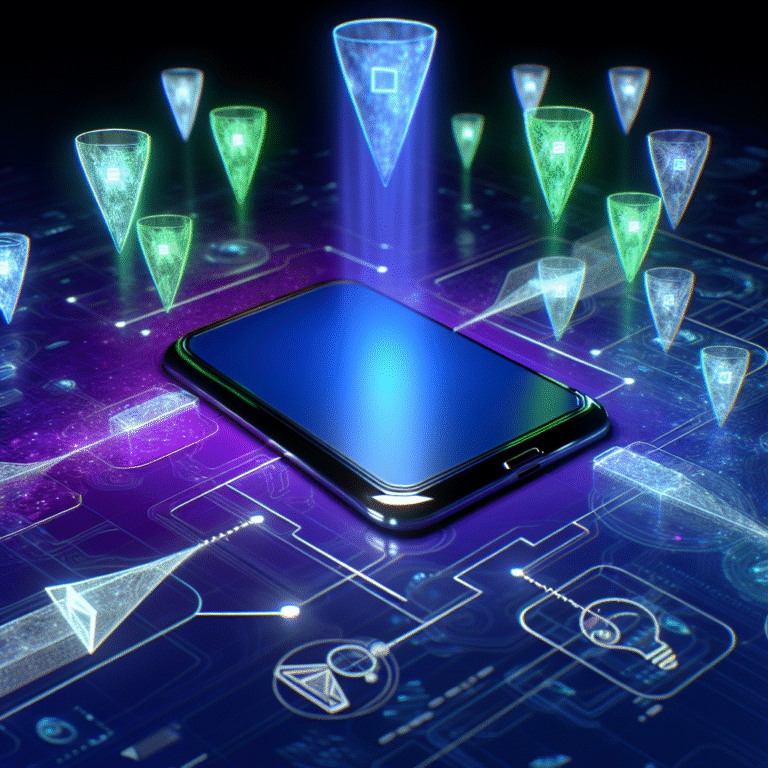 A futuristic smartphone floats among glowing data elements and network lines, symbolizing jongeren en schermtijd insights and social media trends.