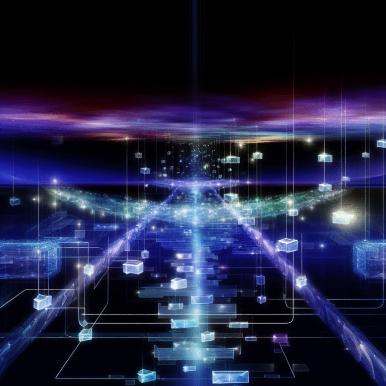 A luminous digital bridge of interlinked data streams connects floating website elements across a chasm, symbolizing smooth website-overdracht and continuous online growth.