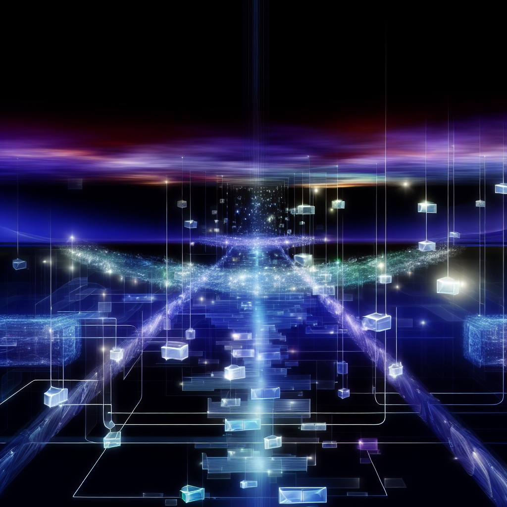 A luminous digital bridge of interlinked data streams connects floating website elements across a chasm, symbolizing smooth website-overdracht and continuous online growth.