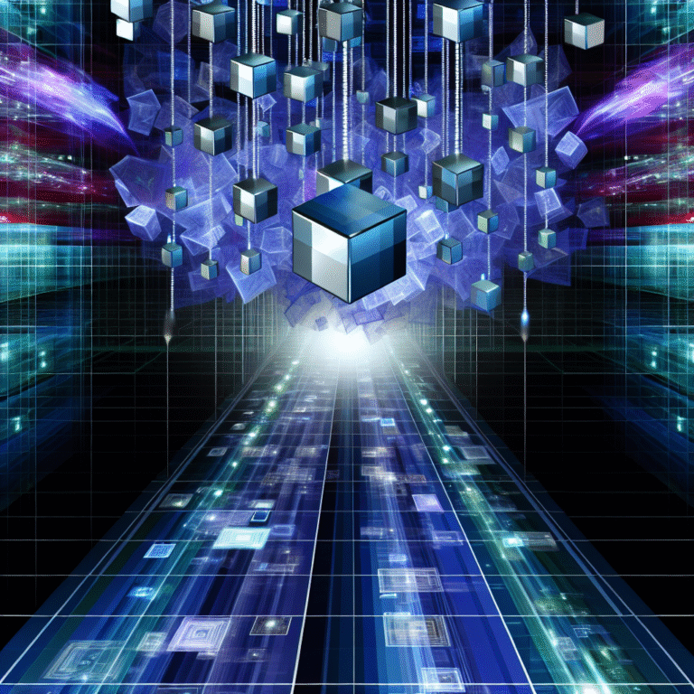A cluster of metallic cubes symbolizing secure file transfer and privacy for entrepreneurs floats above a glowing digital network.