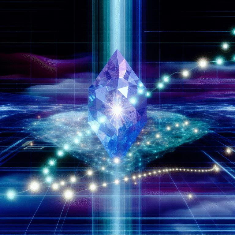 A glowing crystal prism refracts luminous data streams and network lines, symbolizing AI-zoekmachine zichtbaarheid en optimalisatie.