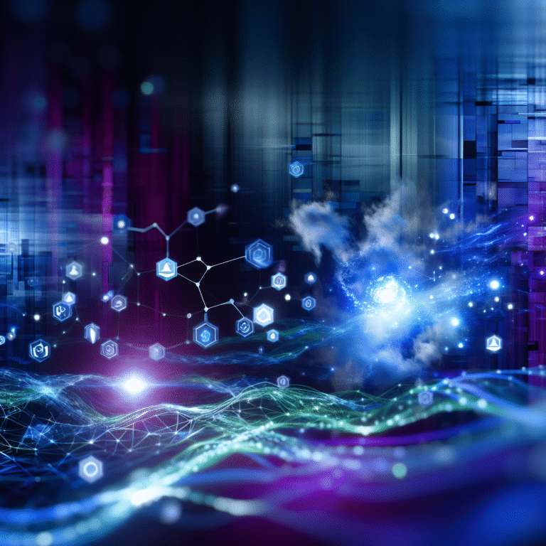 Futuristic digital illustration of glowing social media network icons and abstract connections, symbolizing strategic opportunities for entrepreneurs in 2024.