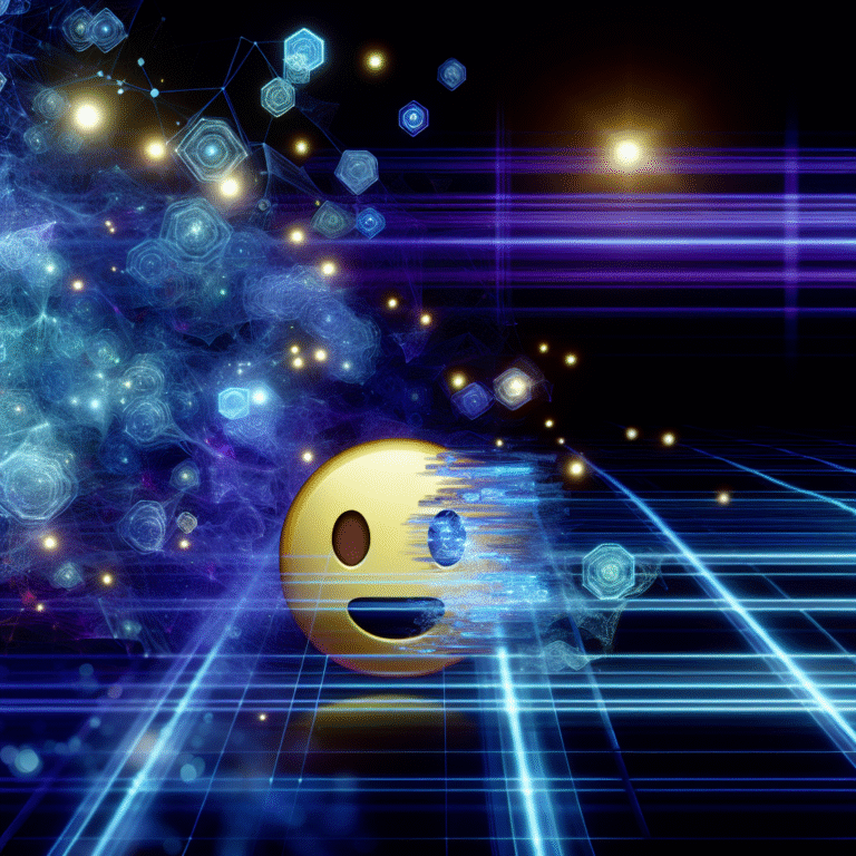A futuristic emoji icon glows above a digital network grid with message bubbles and code, symbolizing new trends in digital communication for entrepreneurs.