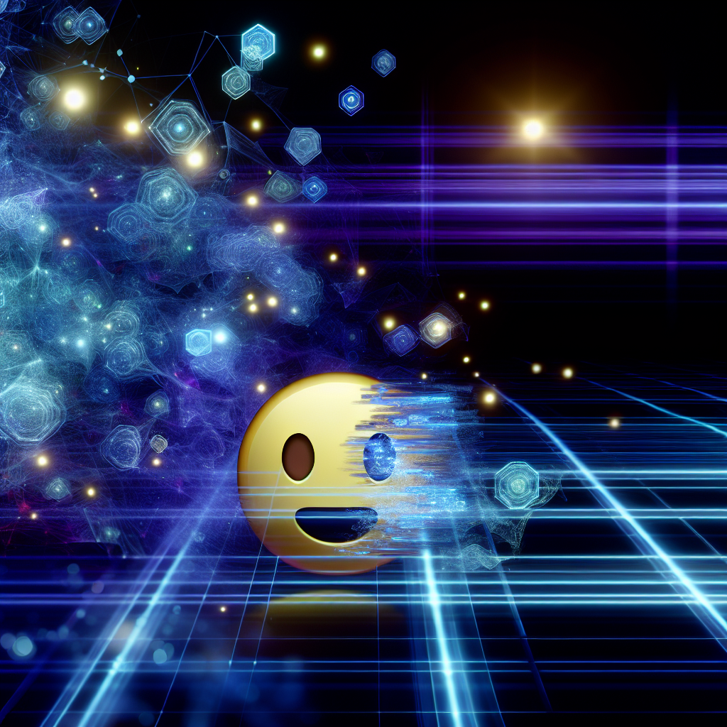 A futuristic emoji icon glows above a digital network grid with message bubbles and code, symbolizing new trends in digital communication for entrepreneurs.