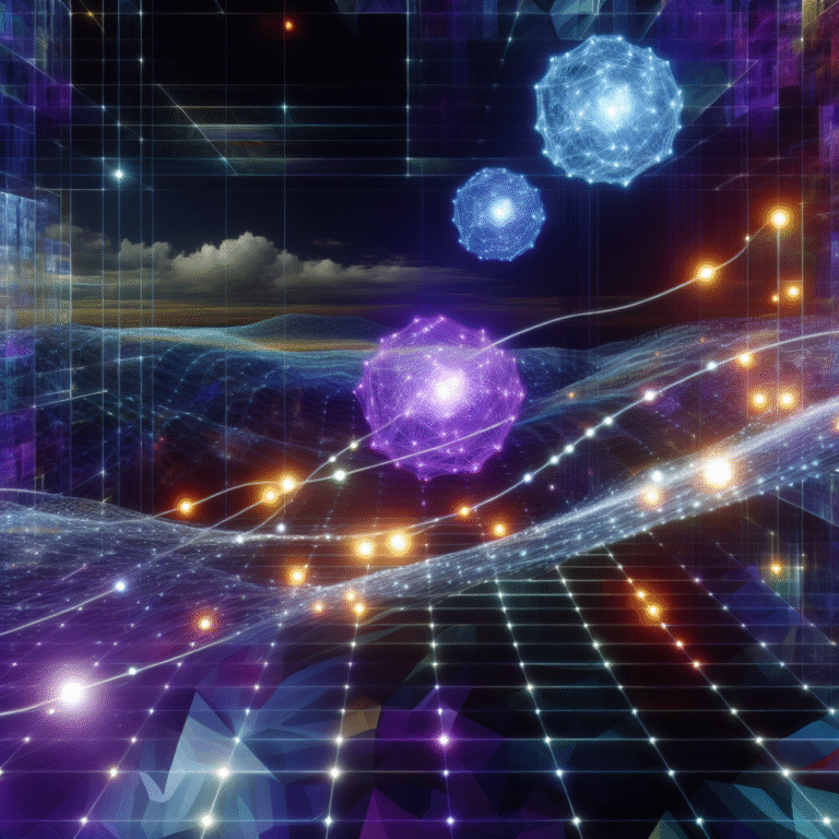 A futuristic digital illustration of three glowing orbs connected by luminous paths over a dynamic grid, symbolizing future-proof event organization trends.
