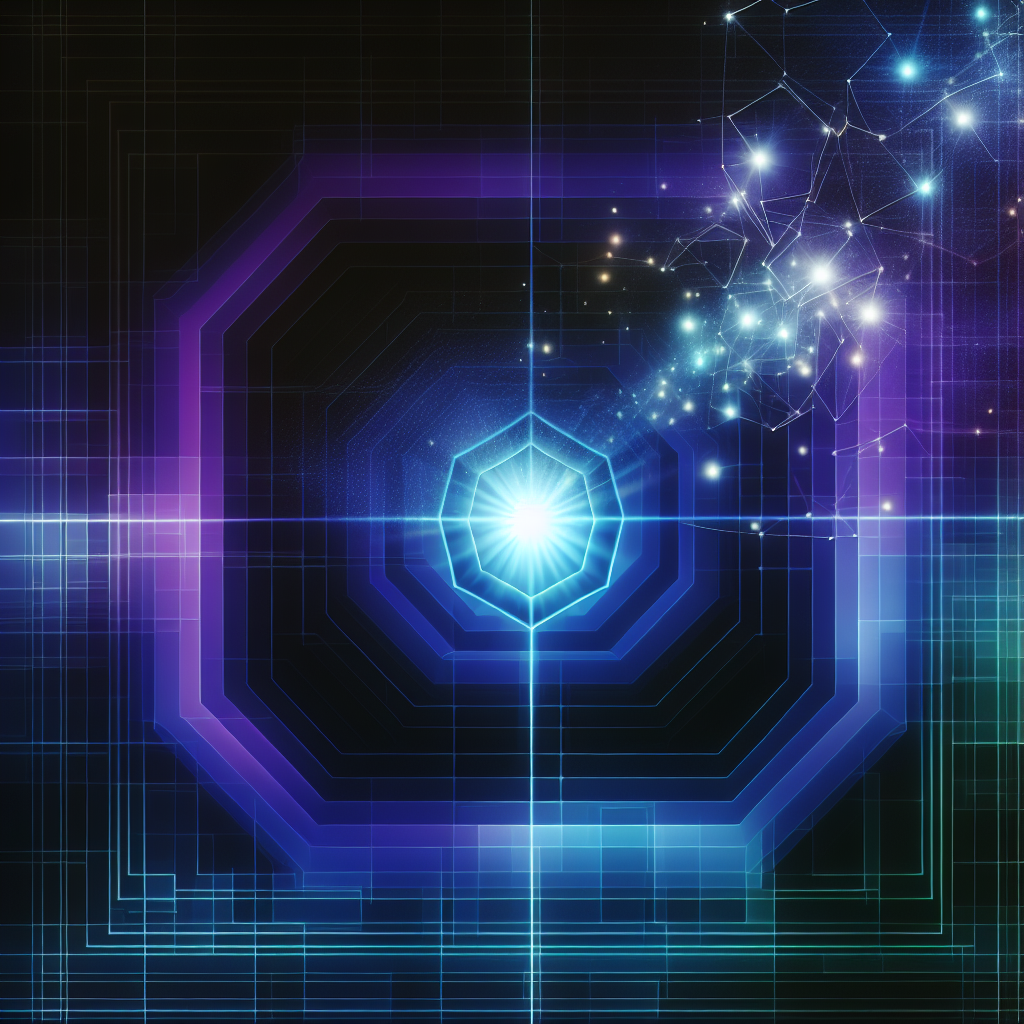 A radiant core symbolizing entrepreneurial purpose glows at the center of a futuristic labyrinth, with network lines and crystal shapes representing strategy and entrepreneurial success.