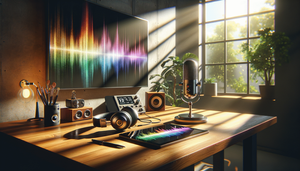 A sunlit creative studio desk displays premium headphones, a vintage microphone, and branded packaging with audio-branding soundwave patterns.