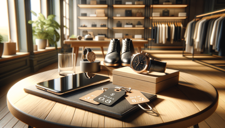 A sunlit luxury boutique tabletop featuring elegant price tags beside a watch, smartphone, and shoes, illustrating prijspsychologie in retail.