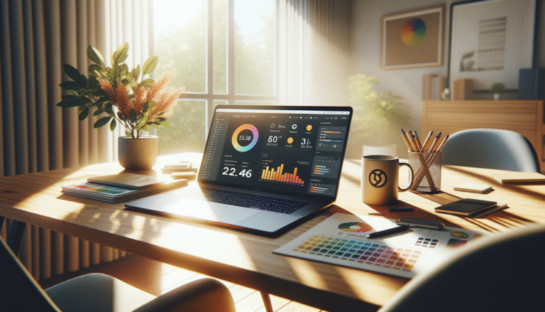 A sunlit modern office desk displays an open laptop with an AI dashboard, brand strategy documents, and a branded coffee mug.