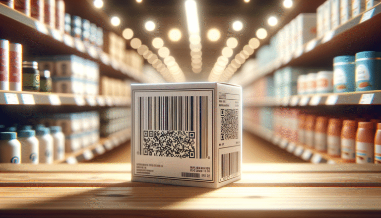 Close-up of a retail product on a wooden store shelf with a sharp 2D-barcode on its label, highlighting productinformatie changes for bedrijven.