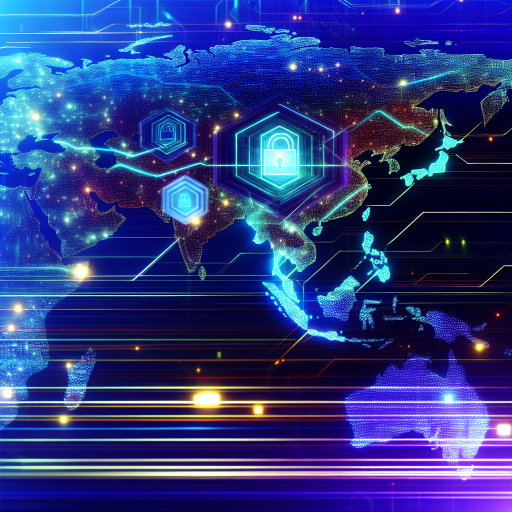 A glowing digital network map of Asia-Pacific with security symbols and circuitry lines representing mastercard's efforts to combat online fraud.