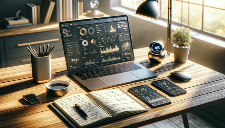 A sunlit modern office desk displays an AI-powered laptop, smartphone with AI assistant, and smart devices, illustrating AI-geletterdheid voor ondernemers.