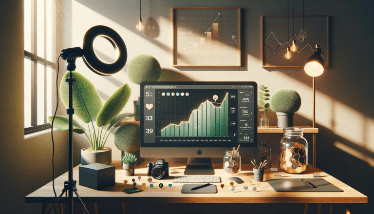 marketingdesk: influencer-setup met ringlamp en lege pot links, fans met volle pot en hoge grafiek rechts voor meer resultaat
