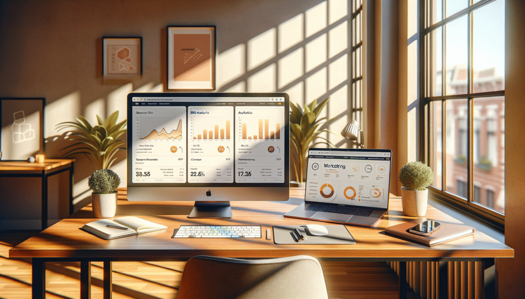 moderne bureauhoek met twee monitors en laptop: google-zoekresultaten na de ai-reset met seo en ads, dashboards en grafieken