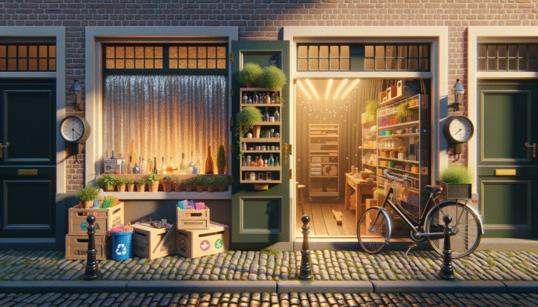 mkb-merk winkel gesplitst: links purpose theater, rechts van waarden naar daden met bakfiets, recycling en zonnepanelen