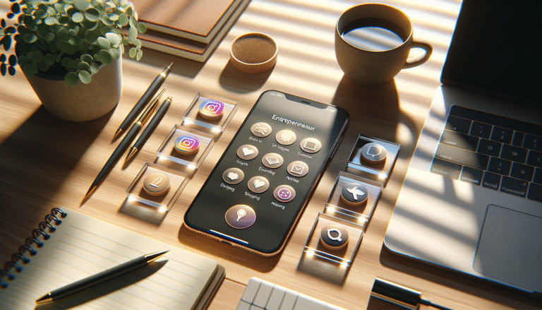 ondernemersbureau met telefoon op Instagram, zes iconen voor 6 Instagram-updates: reels, stories, dm, shop, notes, analytics