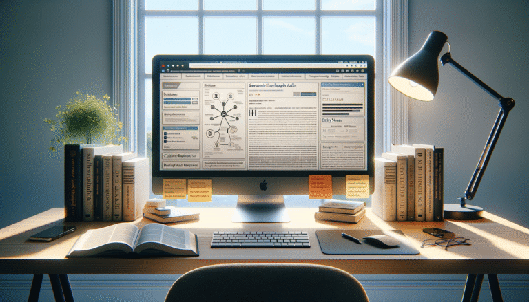 laptop toont encyclopediepagina en monitor toont kennisgraaf op bureau voor ai-vindbaarheid via Wikipedia en Wikidata
