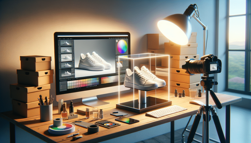 witte sneakers in lichttent met camera op statief en monitor met twee versies van de foto voor ai-visuals in je webshop