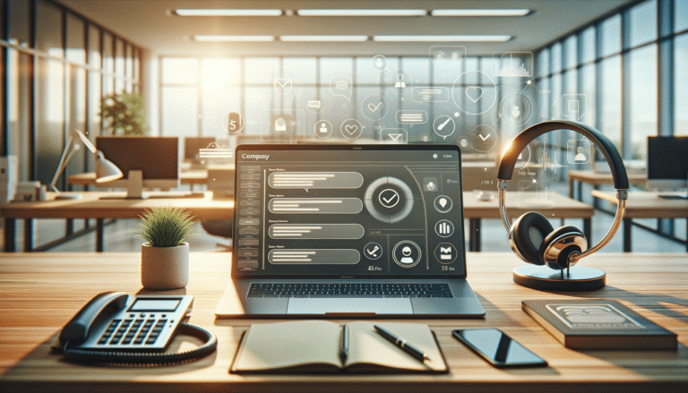 modern bureau met laptop met chatinterface, headset, smartphone, notitieblok en plant, voor helpende chatbot in je bedrijf