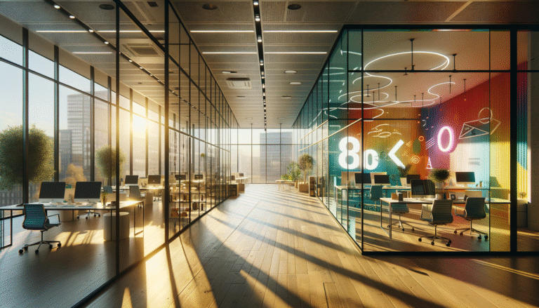 A modern office interior shows the contrast of employee branding with vibrant company colors and a separate calm, private workspace.