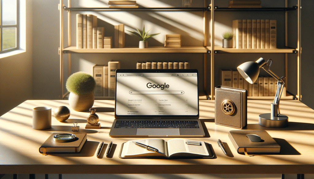 houten bureau met laptop met zoekresultaten en e-e-a-t symbolen voor google content: notitieboek, boeken, trofee en slot.