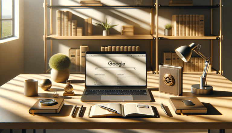 houten bureau met laptop met zoekresultaten en e-e-a-t symbolen voor google content: notitieboek, boeken, trofee en slot.