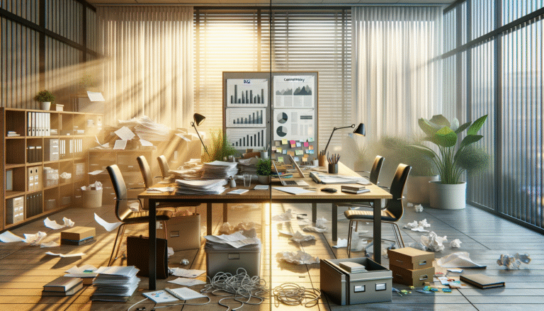 moderne b2b-werktafel gesplitst door glas: links rommelige papieren en kabels, rechts eenvoudige grafieken, pen en laptop