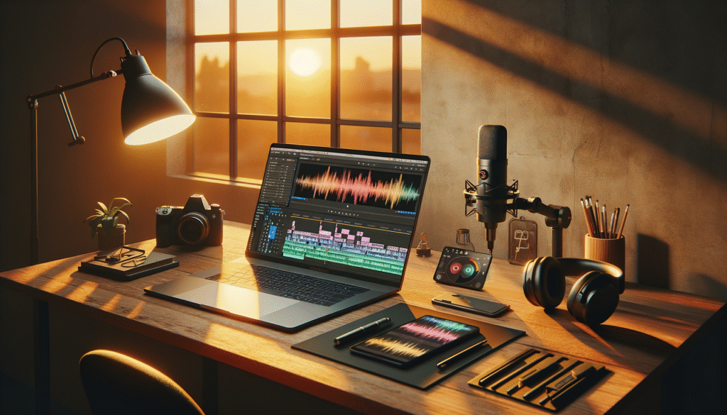 studio werkplek voor ai-video met geluid: laptop met tijdlijn en audiogolven, koptelefoon en microfoon in warm raamlicht