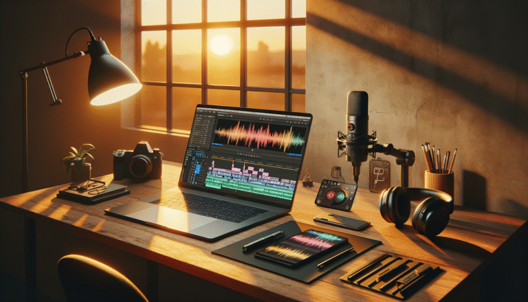 studio werkplek voor ai-video met geluid: laptop met tijdlijn en audiogolven, koptelefoon en microfoon in warm raamlicht