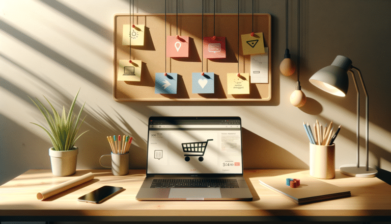 drie gekleurde post‑its op een prikbord verbonden via touwtjes met een winkelwagenontwerp, Fogg Behavior Model in marketing