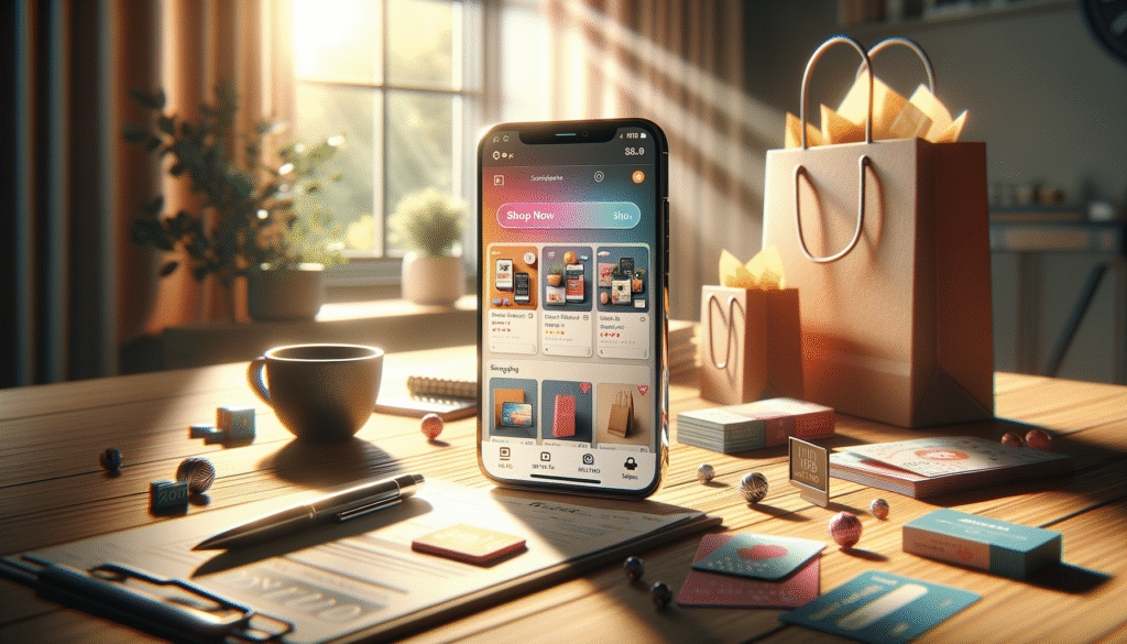 A modern workspace with a smartphone displaying a social commerce shopping interface, surrounded by shopping bags, loyalty cards, and a coffee cup, representing the shift from impulse buys to loyal customers on social media.