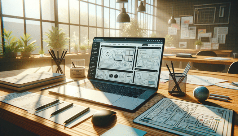 A sunlit modern office desk displays a laptop with an accessible website interface, wireframes, UX notes, and a color contrast checker, illustrating practical WCAG application in CRO and UX.