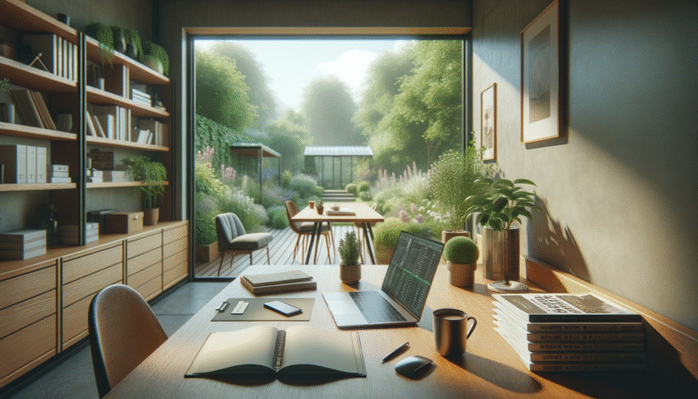 A serene home office with a tidy desk, closed laptop, coffee, and unused advertising brochures highlights entrepreneurial focus without ads.